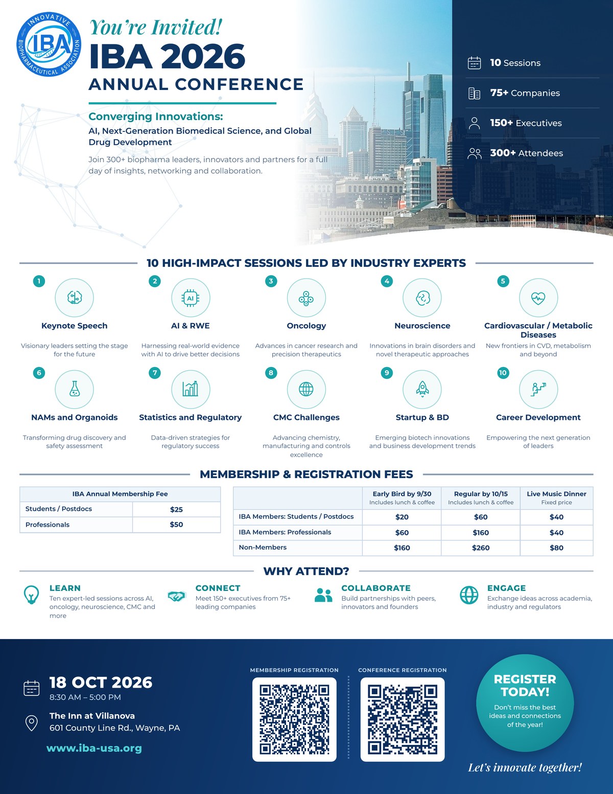 IBA 2026 Annual Conference flyer: date, venue, the ten sessions, and the membership and registration fees